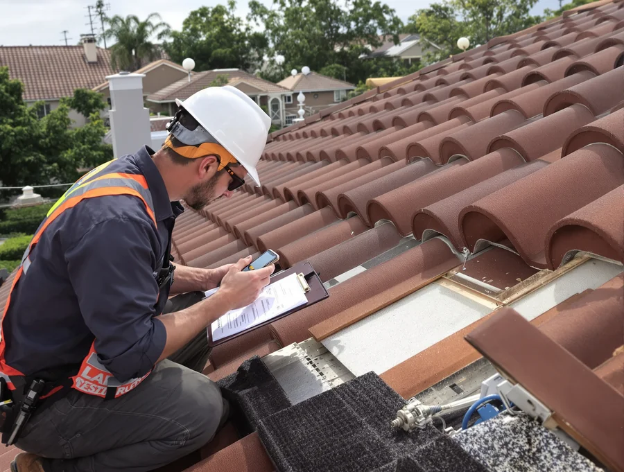 Roofer checking the paper under a tile roof