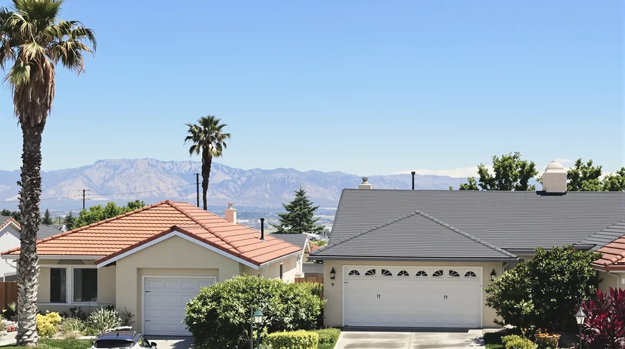 Tile and shingle homes below the San Gabriel foothills